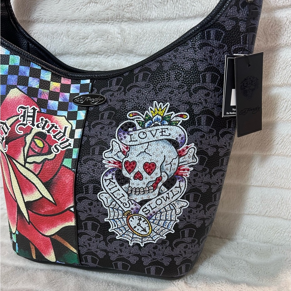 Ed Hardy “Love Kills Slowly” Colorful Graphic Hobo Tote with Rhinestones - Picture 4 of 13